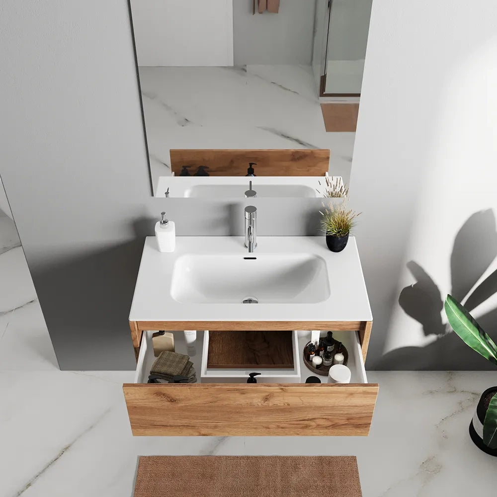Mobile bagno sospeso 80cm un cassetto apertura push&pull rovere gransasso con lavabo | Galdor