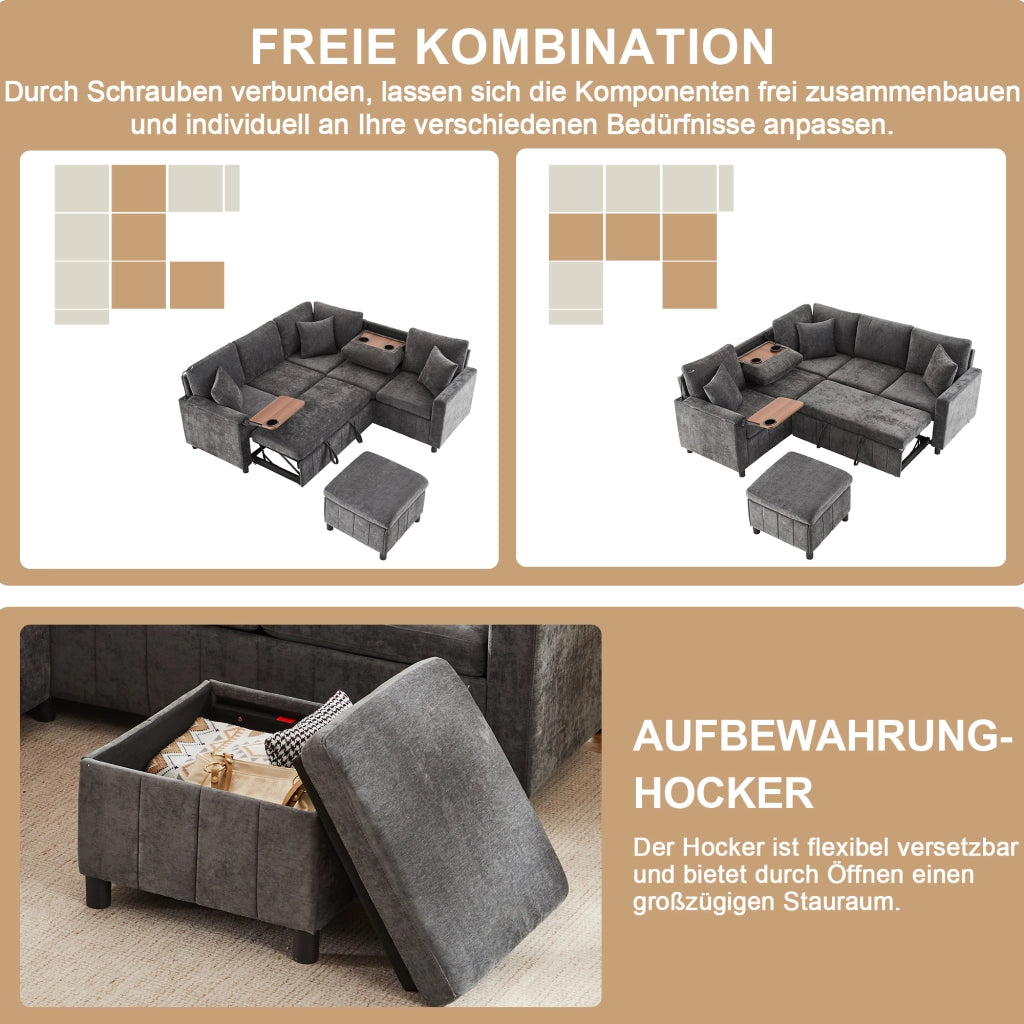 Divano angolare convertibile con funzione letto, usb e type-c, pouf contenitore in chenille grigio 205 × 205 × 85 cm