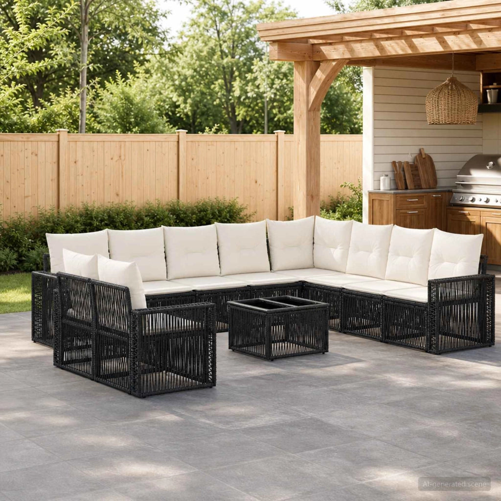 Set Divano da Giardino 11 pz Nero e Bianco Crema polyrattan 3435172