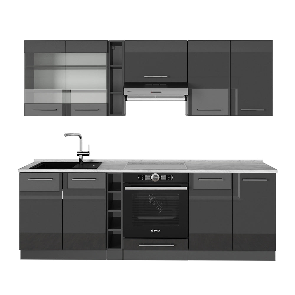 Cucina componibile Fame-Line Antracite lucido/Antracite 235 cm, PL Marmo Vicco