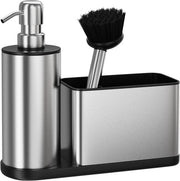Set di Sapone per la Cucina 3 in 1 - RVS - Con Ospite per Spugna, Scopa per Panni e Ospite per Scopa - Inox e Antiscivolo - Organizzatore del Bancone