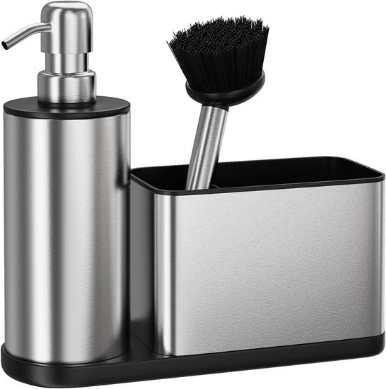 Set di Sapone per la Cucina 3 in 1 - RVS - Con Ospite per Spugna, Scopa per Panni e Ospite per Scopa - Inox e Antiscivolo - Organizzatore del Bancone