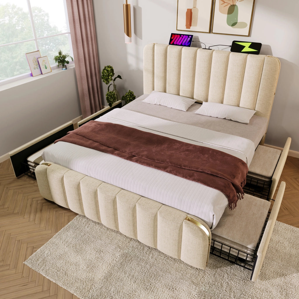 LETTO imbottito 160x200 cm beige con USB e porte Typ-C, 4 cassetti