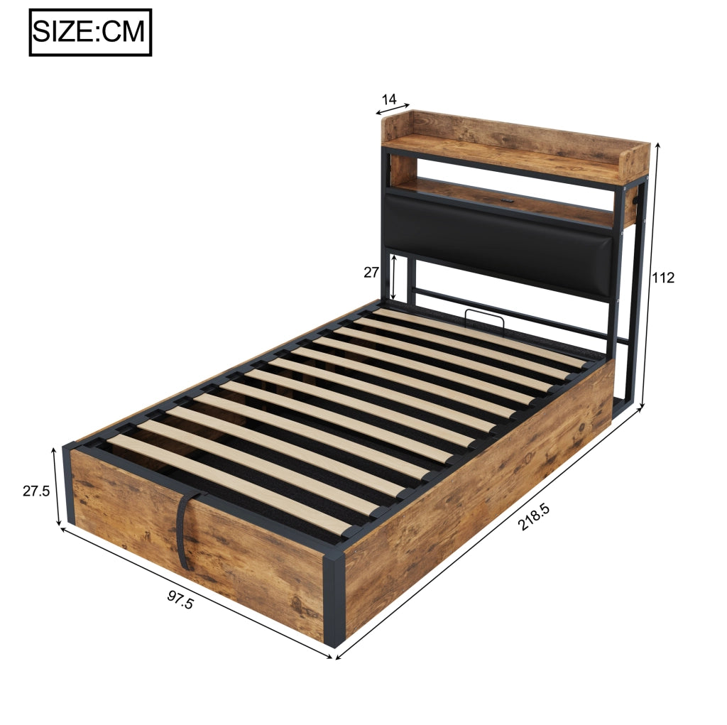 Letto contenitore 90x200 cm con sollevamento idraulico; USB e testiera imbottita in metallo; legno e tessuto