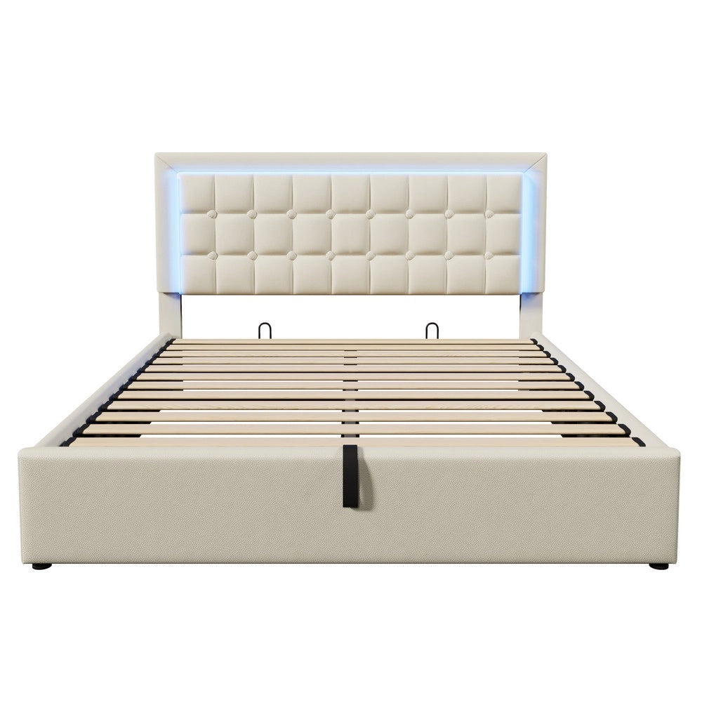 Letto Contenitore Imbottito con LED ¨C Xylo ¨C Similpelle Bianco 140x200