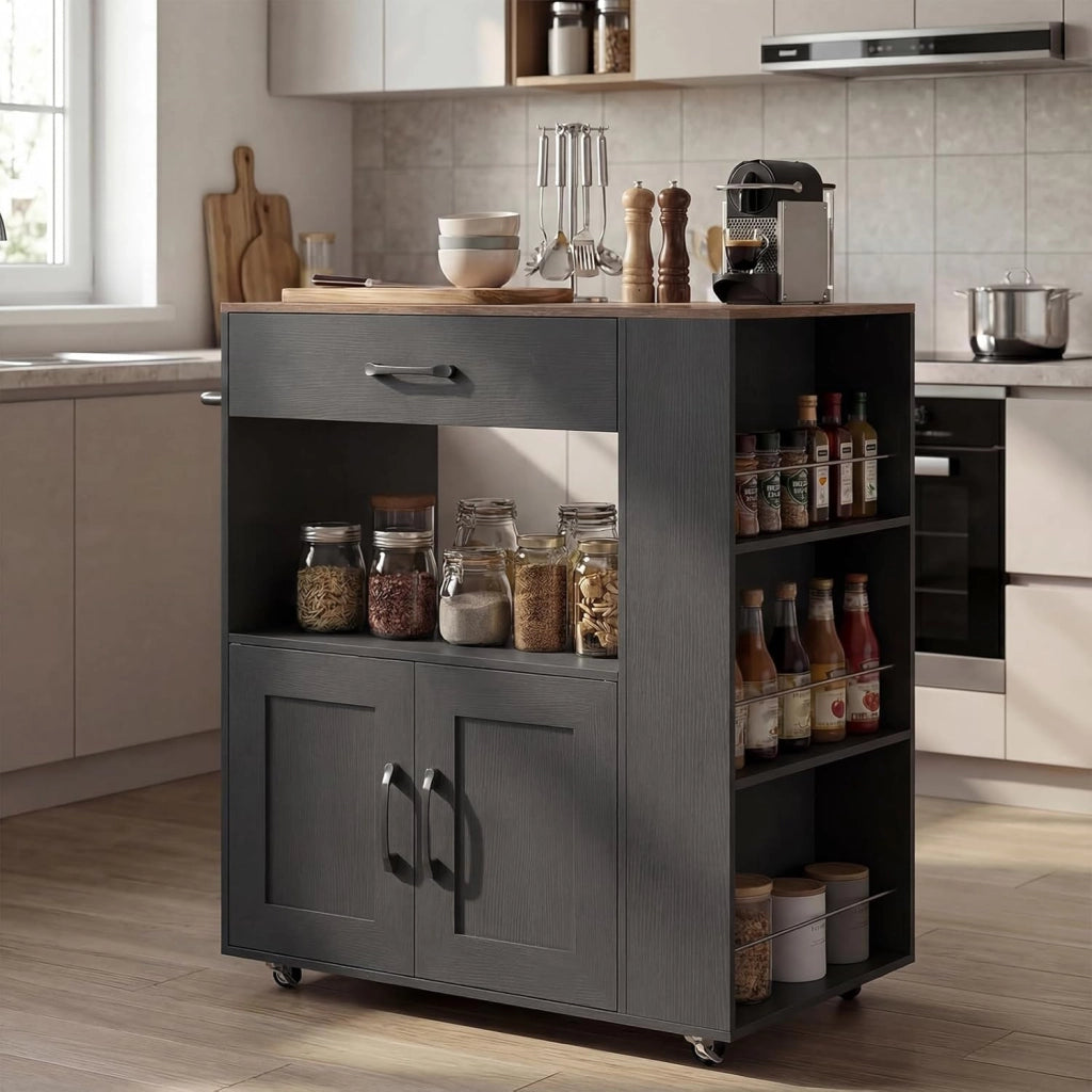 Credenza da Cucina su Ruote, Isola Mobile, Carrello da Servizio con Cassetto e 3 Ripiani, 2 Colori, 75 x 46 x 90,5 cm (Nero)