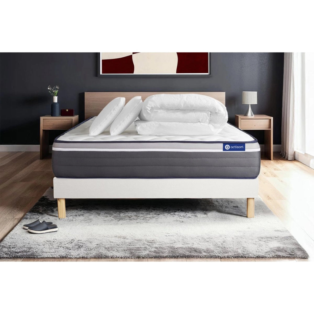 Pacchetto letto completo - Materasso 140x200cm + Box spring con doghe (kit) + 2 cuscini + Piumino - Actilatex Plus