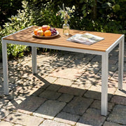 Tavolo da Giardino Moderno in WPC 110 x 70 cm, Tavolo da Pranzo per Esterno per 4-6 Persone, Tavolo da Balcone Salvaspazio in Alluminio, Design Effetto Legno,Marrone Teak + Grigio Chiaro