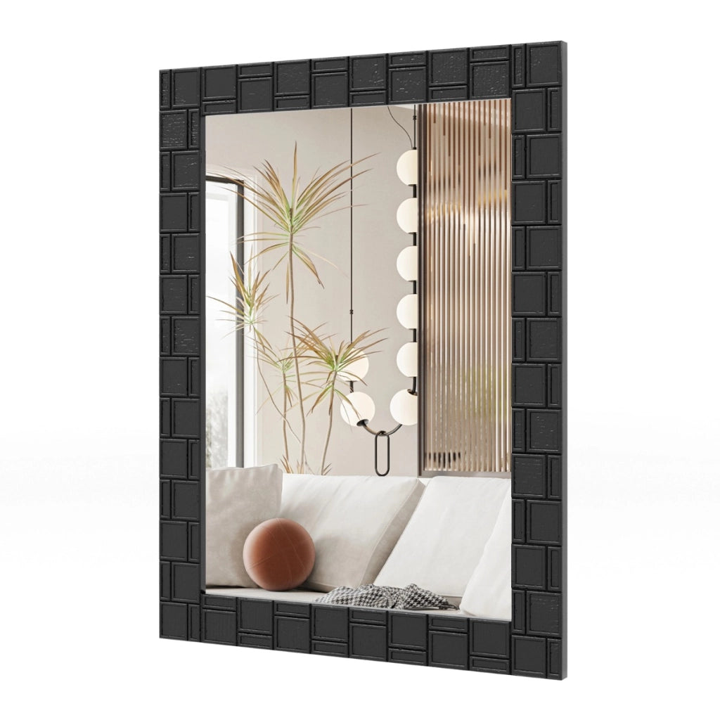 Specchio da parete con cornice in legno di gomma 80x60cm, Specchio moderno rettangolare per bagno Nero
