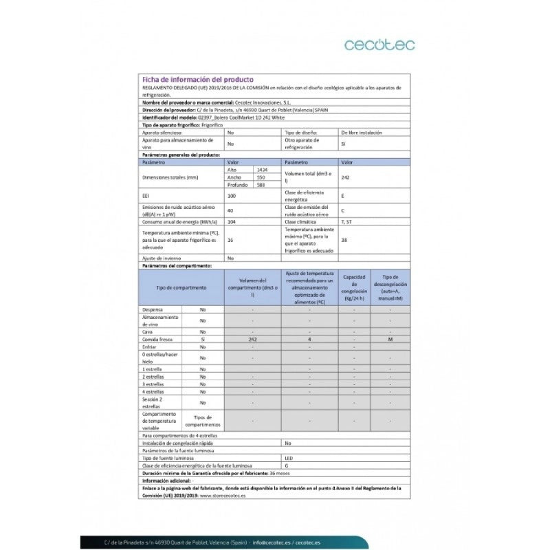 CECOTEC 02397 - Bolero CoolMarket 1D 242 White