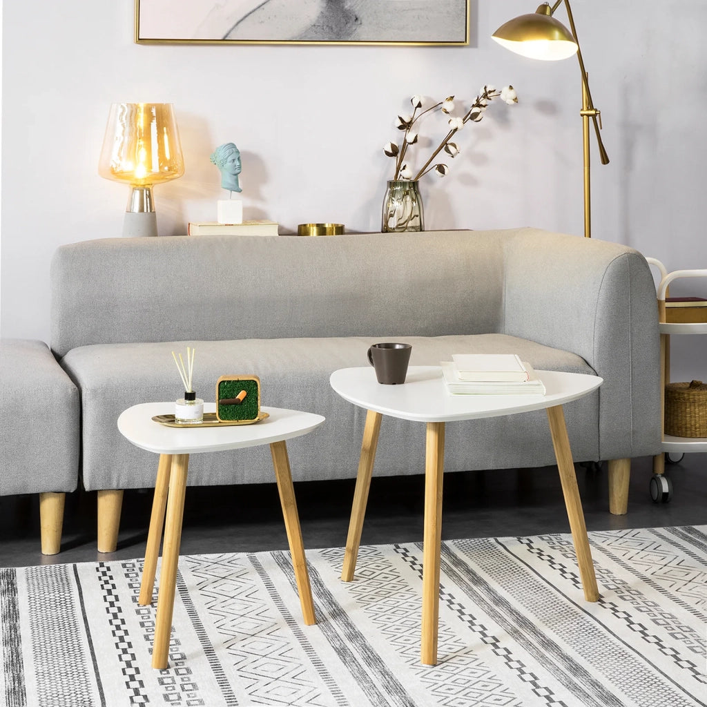 Set di 2 Tavolini Bassi da Salotto in Legno di bambù massello e MDF Tavolino Moderno Bianco FBT74-W