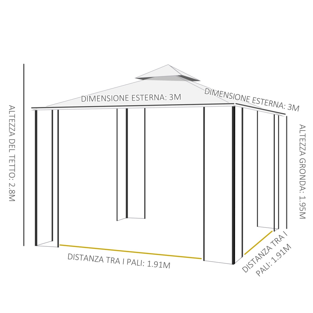Gazebo da Giardino 3x3m con Zanzariera in Acciaio e Poliestere Bianco