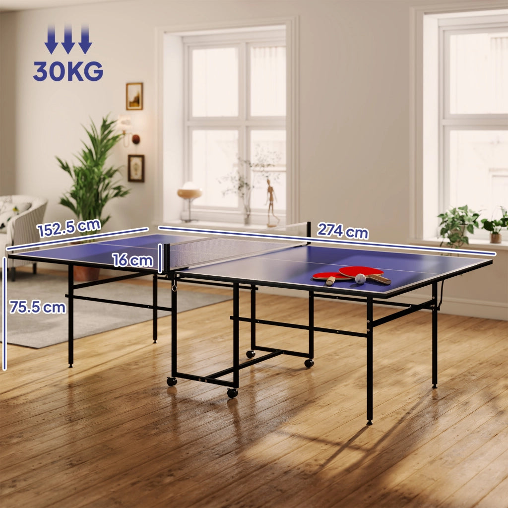 Tavolo da Ping Pong Pieghevole per Interni 274x152,5x75,5 cm con Ruote Girevoli Rete Racchette e Palline Blu