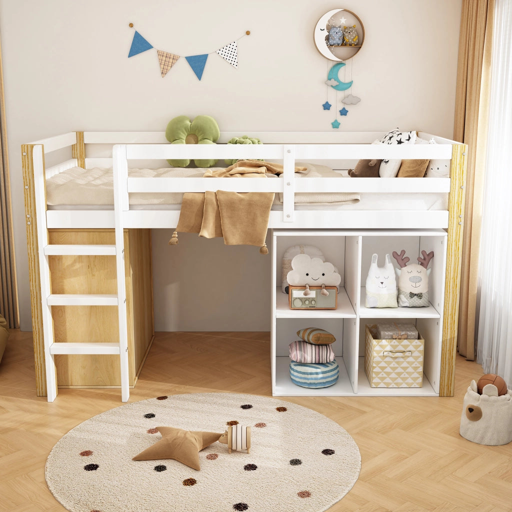 Letto a castello con scaletta 90x200 cm in legno massello bianco naturale