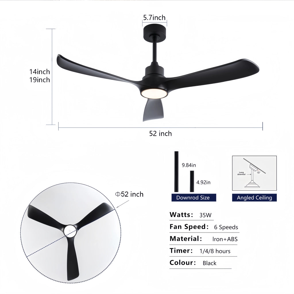 Ventilatore da soffitto con luce da 52 pollici; motore DC reversibile; telecomando; nero