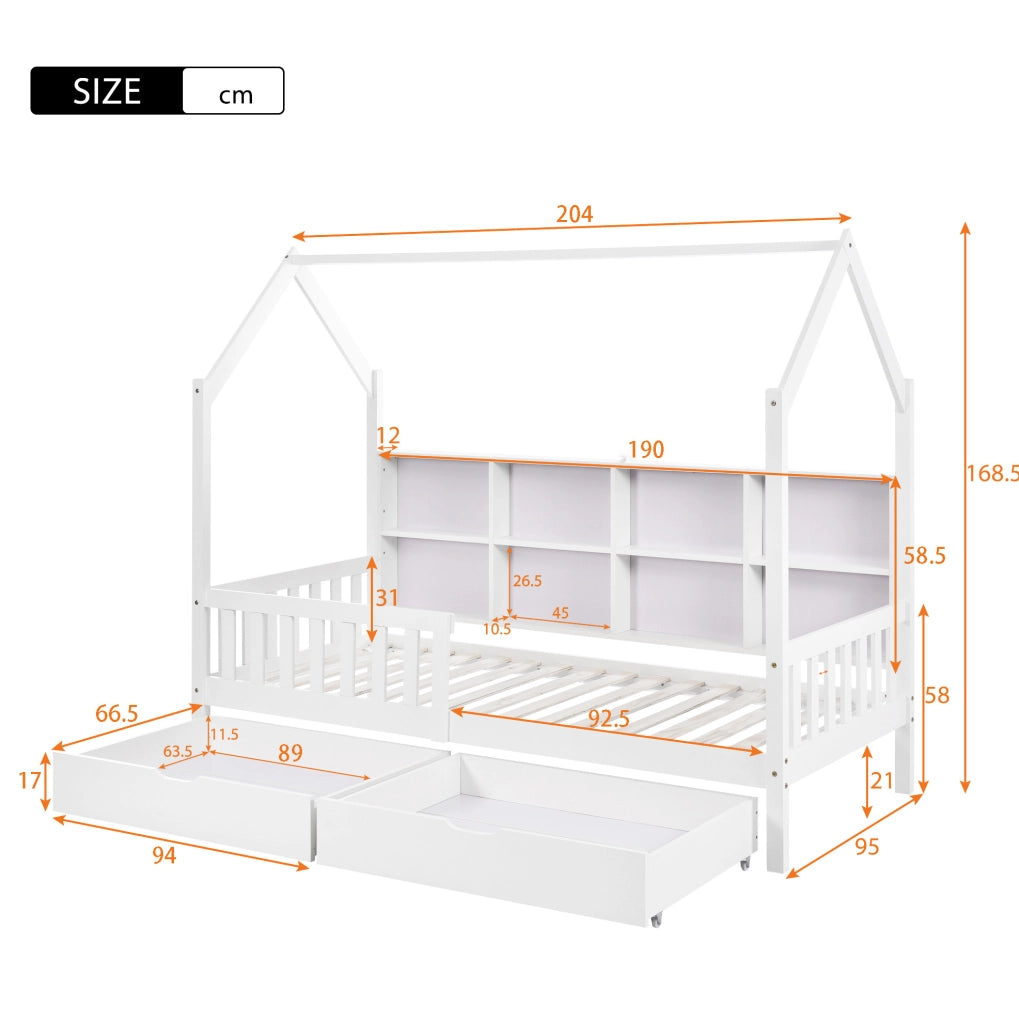 Letto a casetta per bambini 90x200 cm in pino bianco con libreria; 2 cassetti e sponde