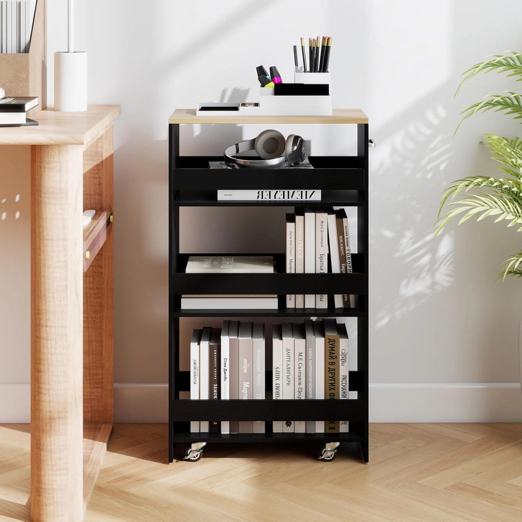 Carrello per Nicchia con Ruote, 4 Livelli，Carrello di Servizio Stretto Salvaspazio, da Bagno, Scaffale da Cucina Sottile 47,5 x 13 x 80,5 cm (Naturale+Nero, Largo 25 cm)