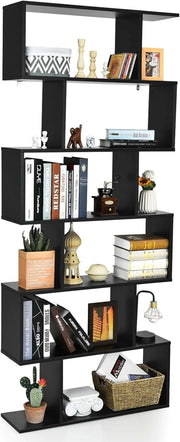 Libreria in Legno Scaffale Multifunzionale a 6 Ripiani per Piante e Libri per Ufficio Casa Ripiano a Forma di S, 80 x 23 x 192 cm (Nero)
