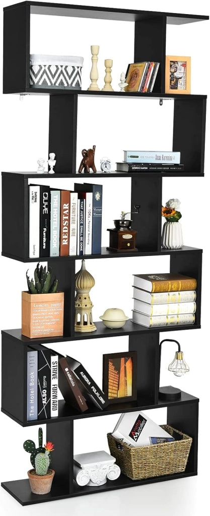 Libreria in Legno Scaffale Multifunzionale a 6 Ripiani per Piante e Libri per Ufficio Casa Ripiano a Forma di S, 80 x 23 x 192 cm (Nero)