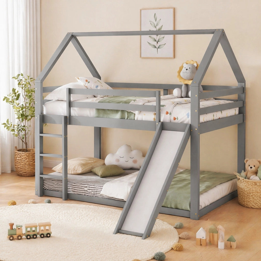 Letto a castello per bambini a forma di casetta con scivolo e scala; 2x 140x200 cm; grigio
