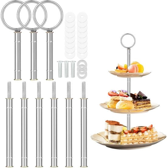 Set di sostegni per etagère a 9 pezzi - Etagère con viti - Argento - Acciaio inossidabile - 3 livelli - per tavola da dessert