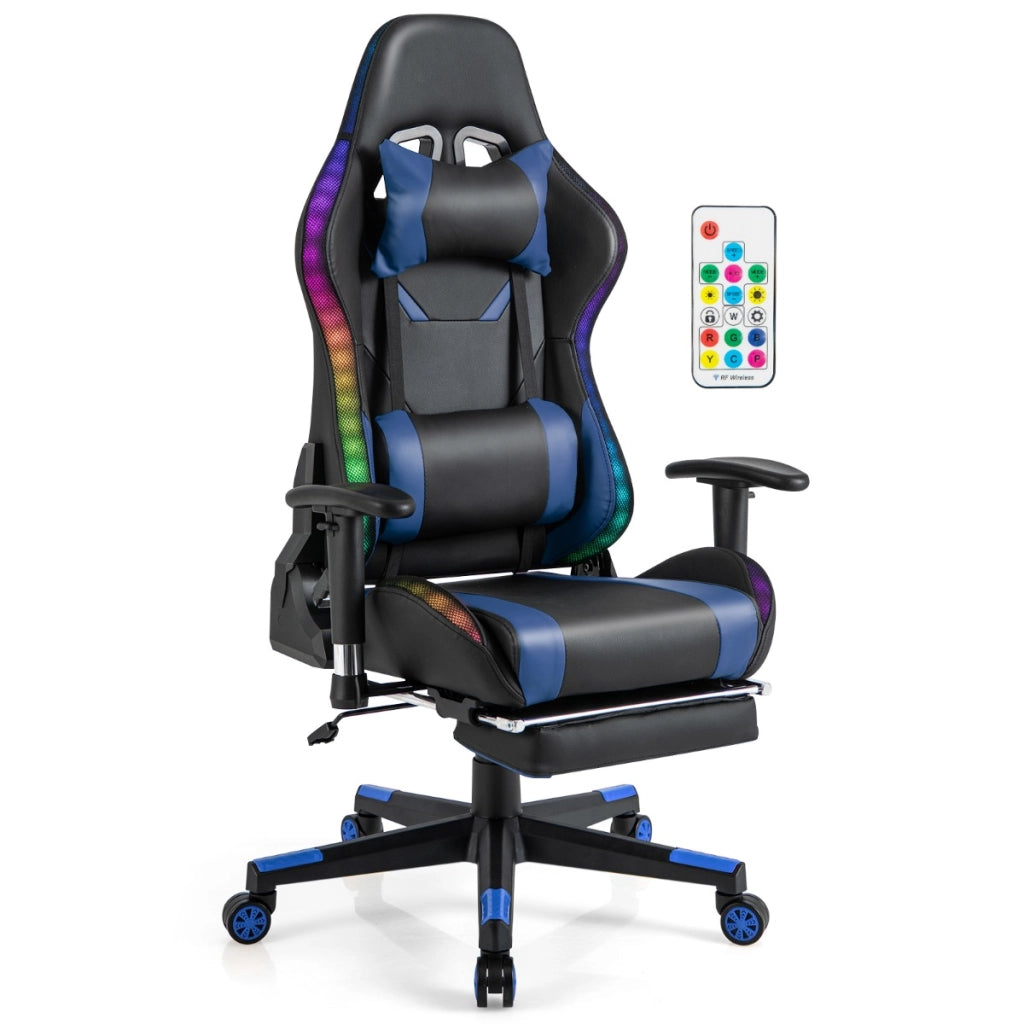 Sedia da gioco con luci RGB LED altezza regolabile poggiapiedi estraibile, Sedia da ufficio ergonomica Blu-Sedie gaming