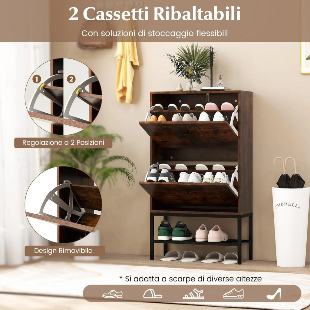 Armadio per Scarpe con 2 Cassetti a Ribalta, Scarpiera Nascosto con Ripiani Regolabili e Rimovibili, Ripiano in Metallo e Dispositivo Antiribaltamento, 60x24x106 cm (Marrone)