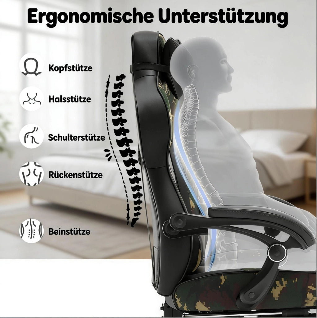 Sedia gaming ergonomica reclinabile con poggiapiedi nero e verde