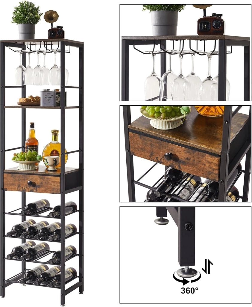 Portabottiglie da Terra a 4 Livelli con Portabicchieri e Cassetto, Portabottiglie da 16 Bottiglie da Banco in Legno, Per Cantinetta Vino, Cucina, Sala da Pranzo, Marrone TMJ905H