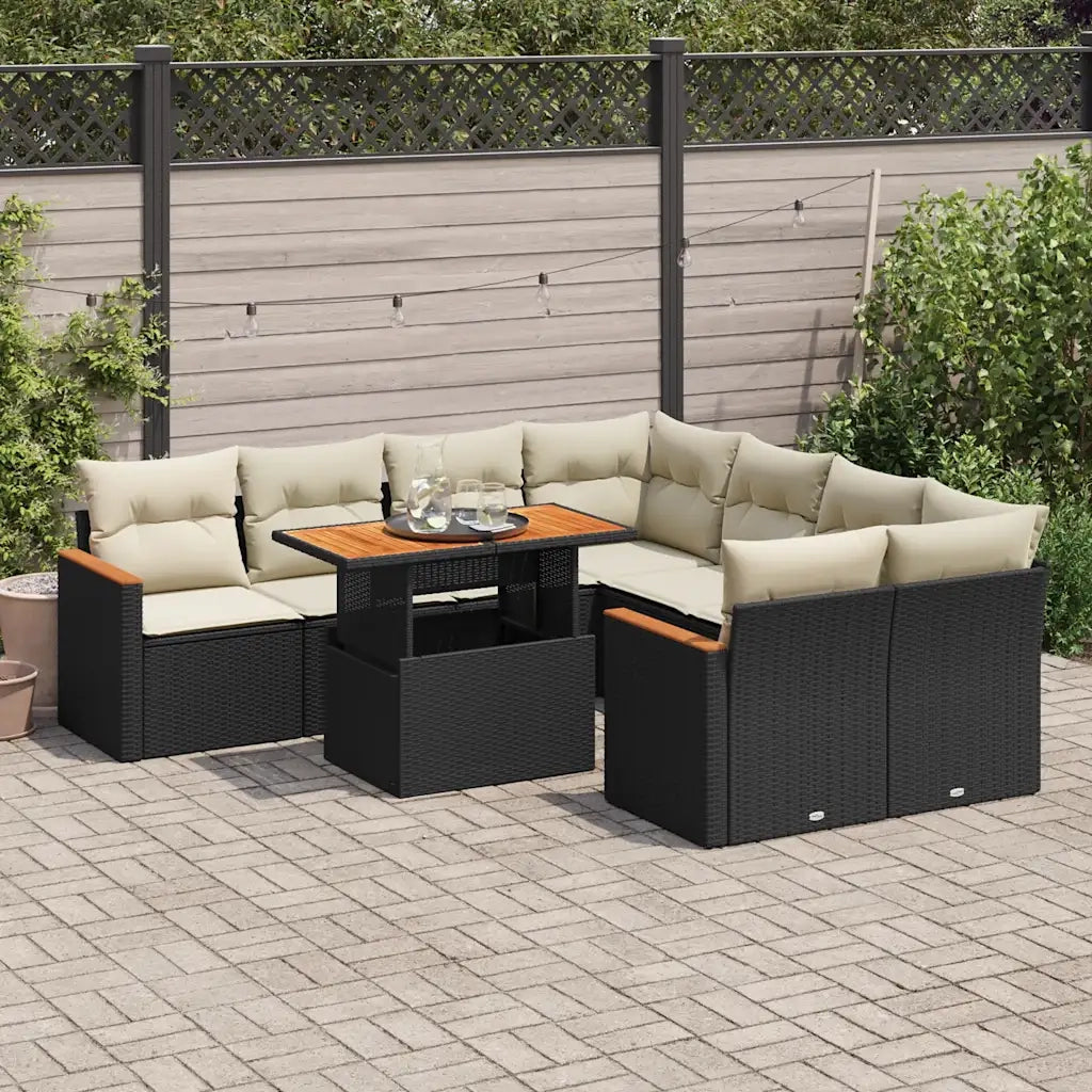 Set Divani da Giardino 9 pz con Cuscini Nero Polyrattan Acacia 3327465