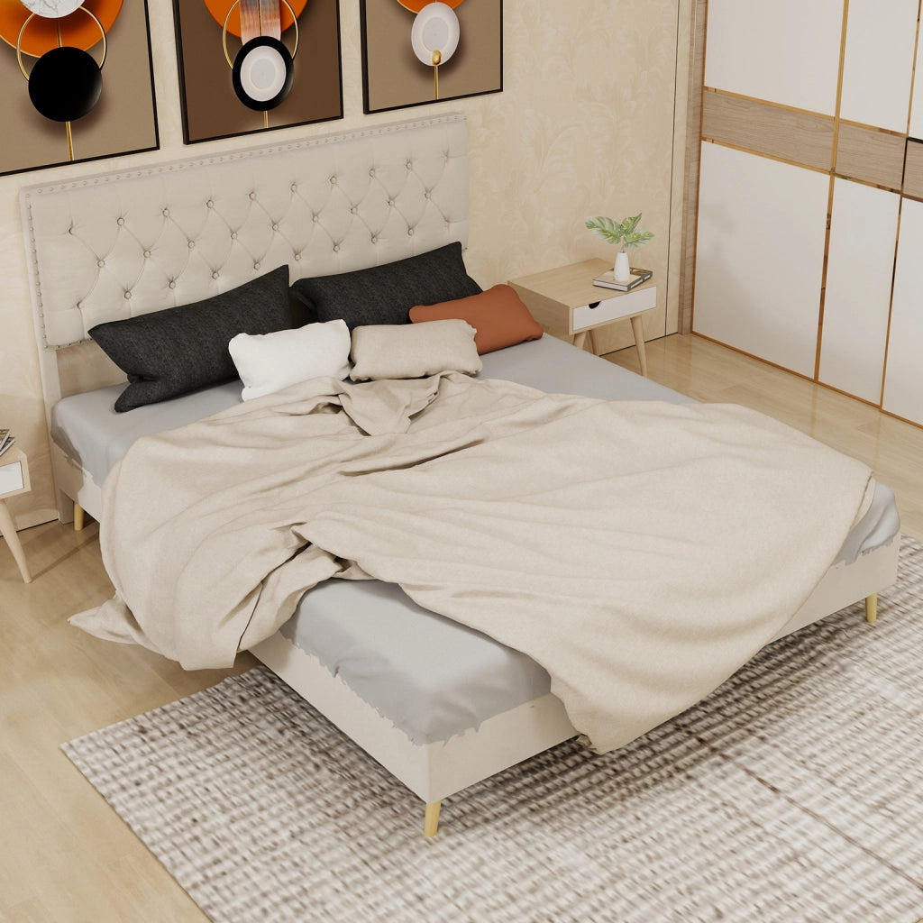 Letto Basso 160 x 200 cm - Testiera Alta Imbottita e Spazio Sottoletto - Beige