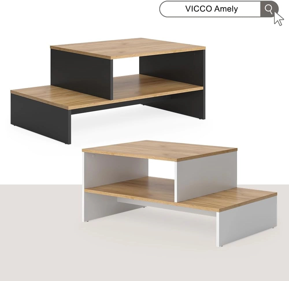 Tavolino da salotto Amely, Quercia dorata/antracite, 90 x 55 cm con ripiano