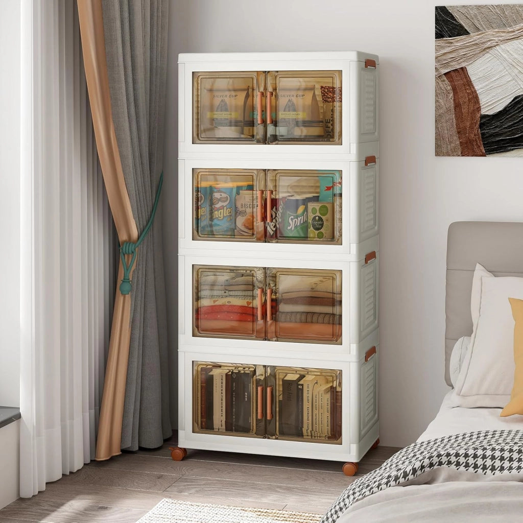 Contenitore di Archiviazione in Plastica, Organizzatore Impilabile con Coperchi e Porte, 4 Ruote, Scatole Organizzatore Pieghevoli per Soggiorno, Camera da Letto (62,5 x 34,5 x 130,5 cm)