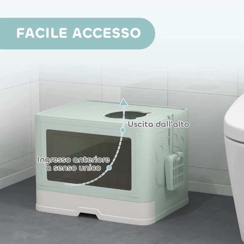 LETTIERA PER GATTI CHIUSA CON COPERCHIO E DOPPIA ENTRATA, CASSETTO ESTRAIBILE, PALETTA E SPAZZOLA, VERDE