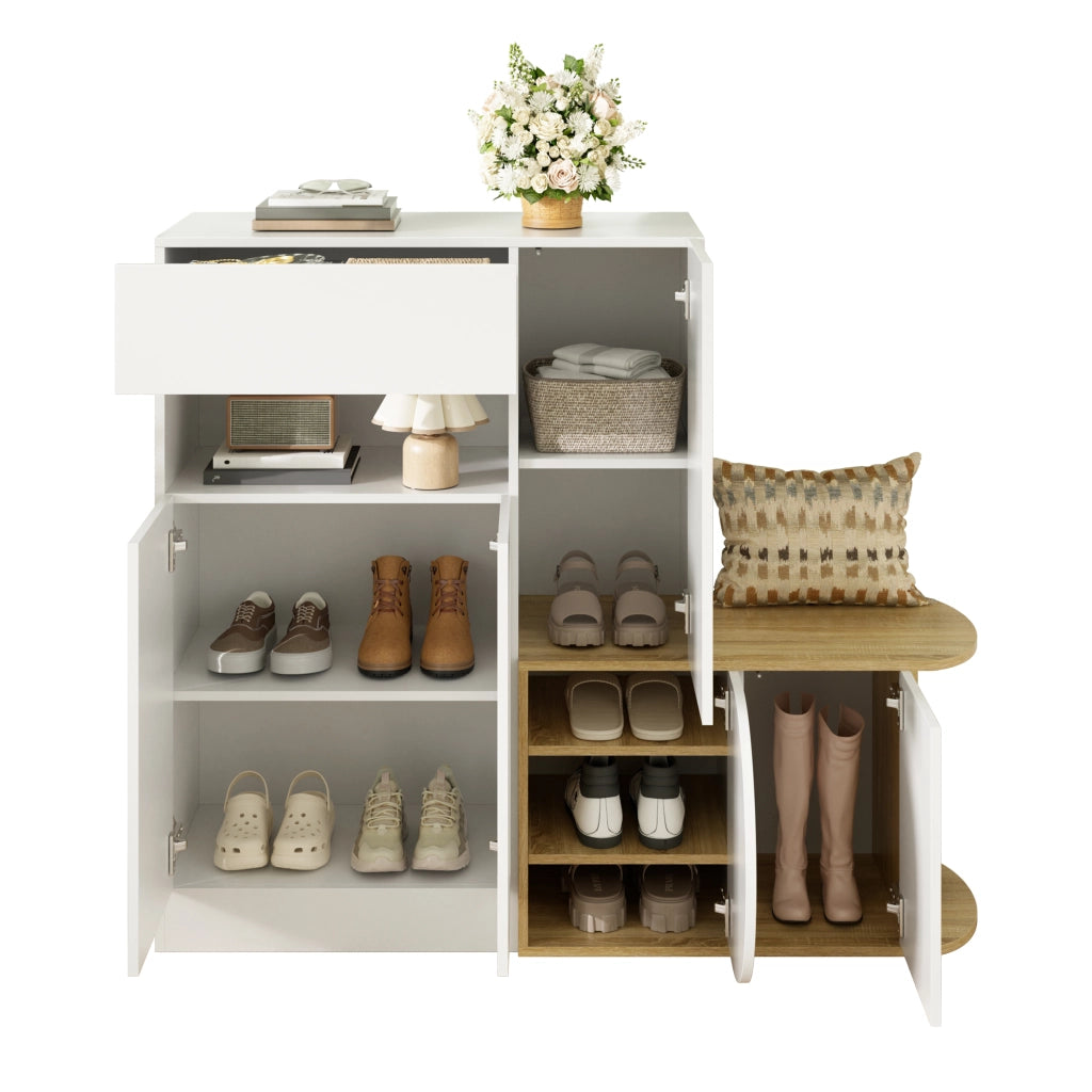 Mobile portascarpe con panca e vano a giorno, 1 cassetto, 5 ante, MDF, bianco e effetto legno, 130 x 35 x 110,5 cm