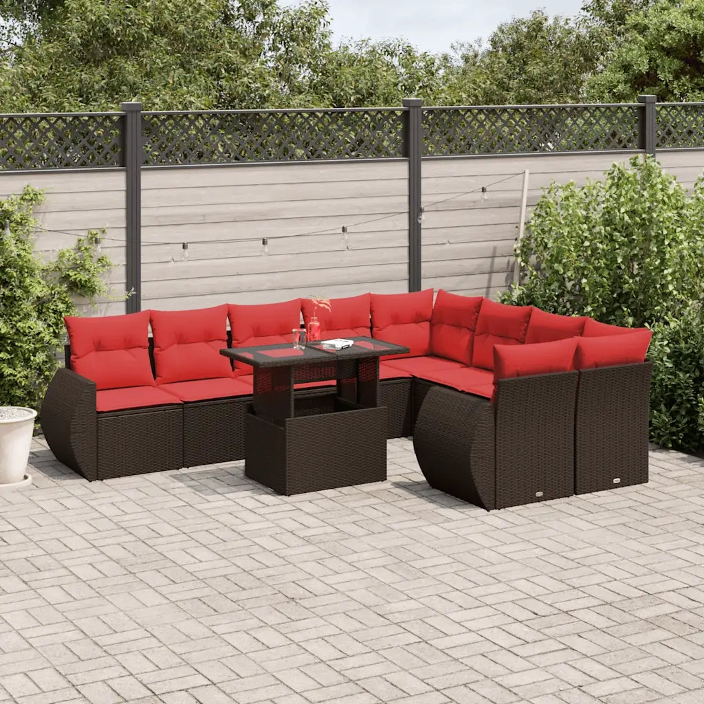 Set Divani da Giardino 10 pz con Cuscini Marrone in Polyrattan 3268764