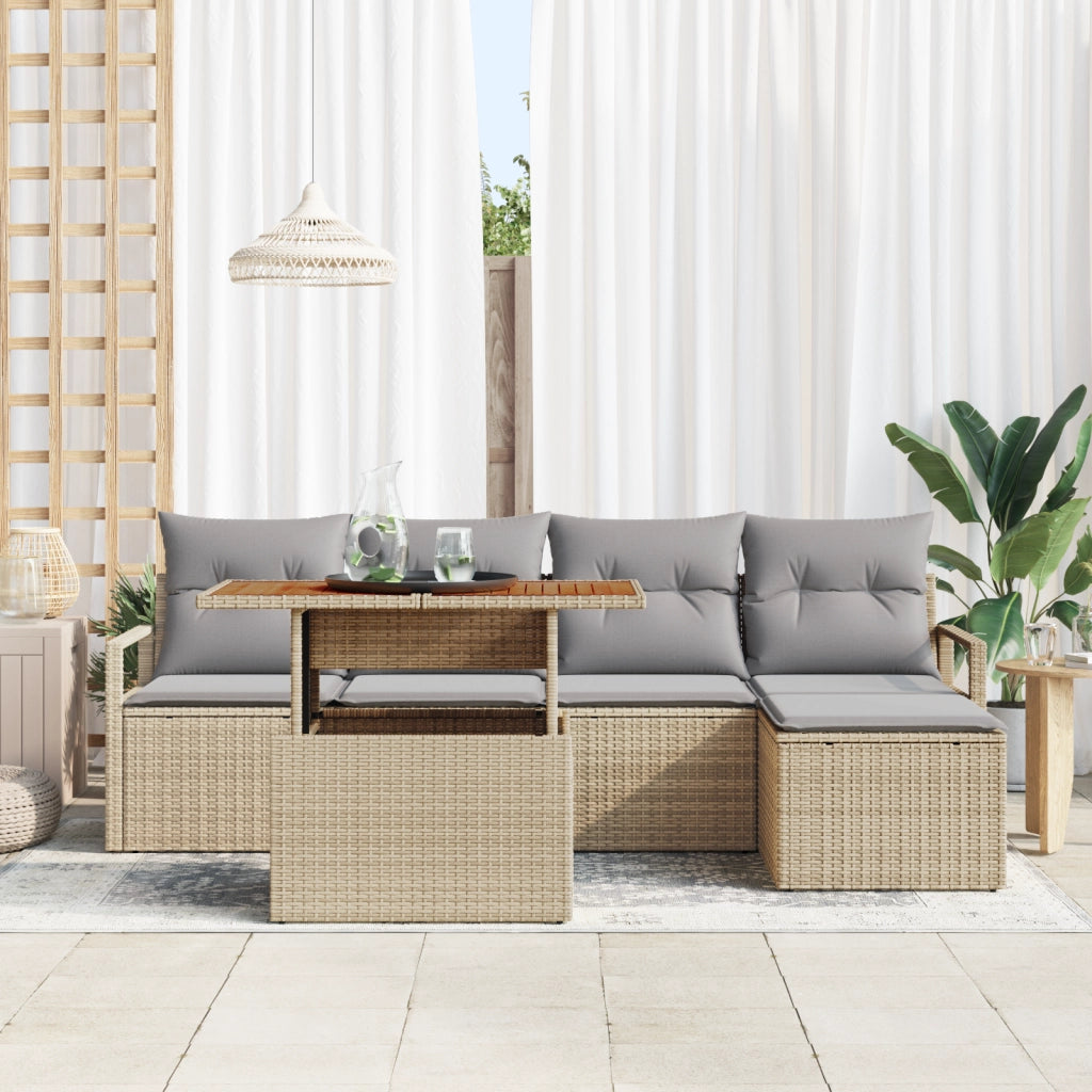Set di divani da giardino 6 pezzi con cuscini beige polirattan acacia