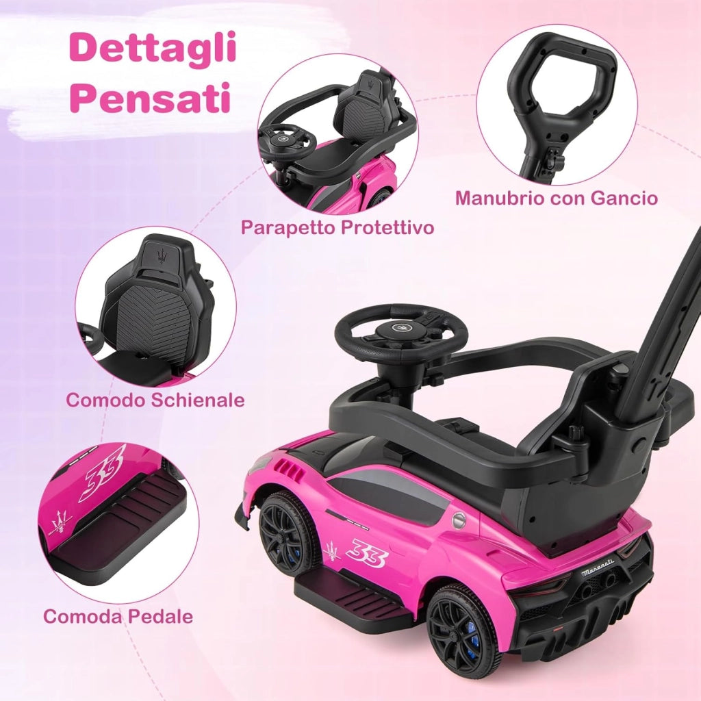 3 in 1 Maserati Auto da Spinta, Auto Scorrevole con 2 Ruote Universali Volante Musicale Paracolpi e Manubrio, Macchina Cavalcabile con Ripostiglio per Bambini 18-60 Mesi (Rosa)