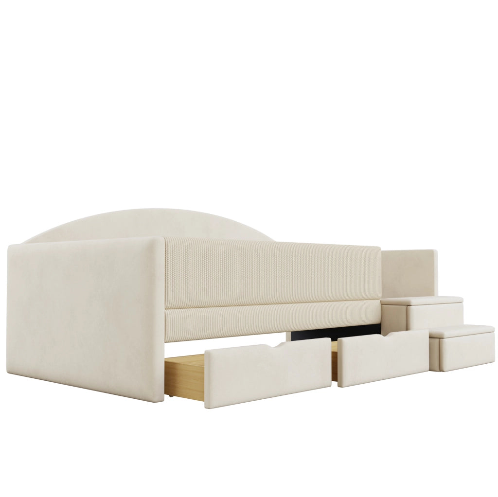 Letto imbottito 90x190 cm con cassetti e gradini in velluto beige