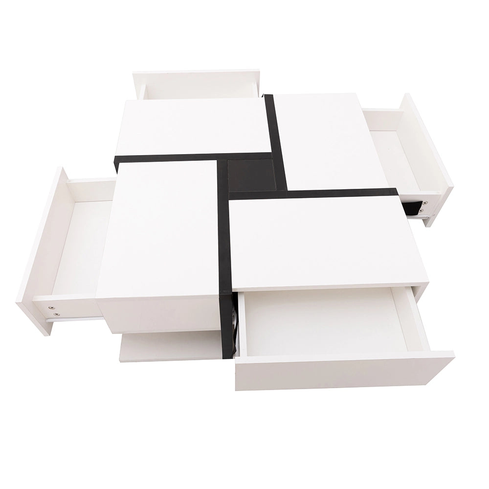 Tavolino da caffè 78x78x36 cm; 4 cassetti e ripiano inferiore; pannello truciolare bianco