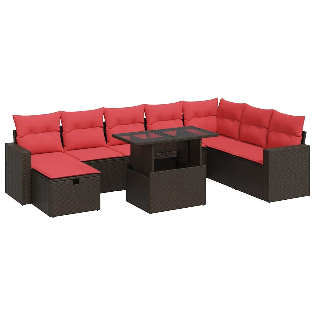 Set Divani da Giardino 9 pz con Cuscini Nero Polyrattan Acacia