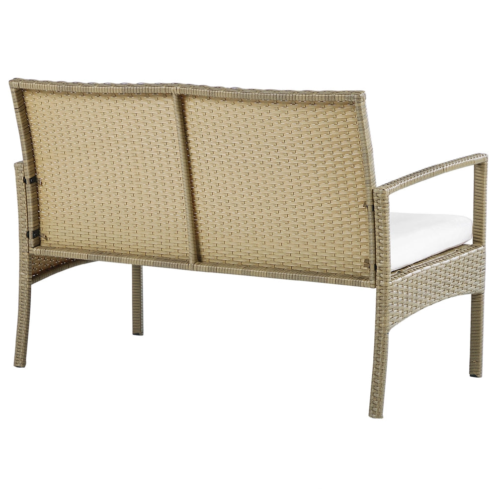 Set divano da giardino in finto rattan marrone con cuscini bianchi e tavolino da caffè a 4 posti