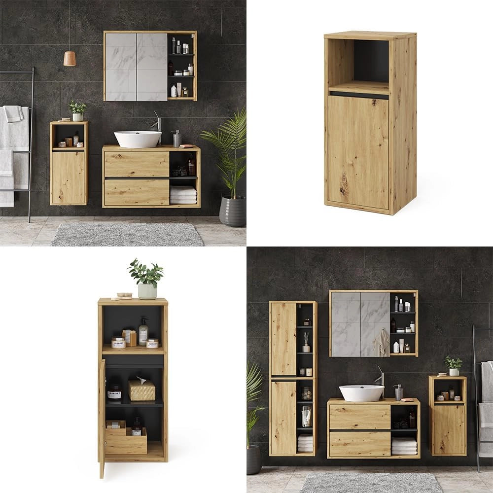 Mobiletto bagno Viola, Rovere artigianale, 38 x 80 cm, per montaggio a parete con vani a giorno e vani chiusi