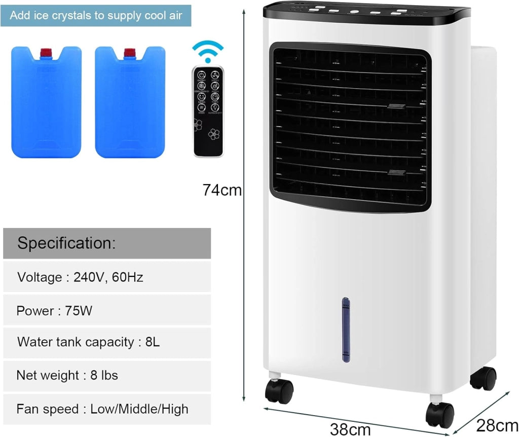 Ventilatore Condizionatore Portatile Senza Tubo 75W, 3 in 1 Air Cooler & Ventilatore & Umidificatore con Telecomando, 3 Velocità, Timer 7,5H, Serbatoio Acqua 8L, 38 X 28 X 74 CM, Bianco