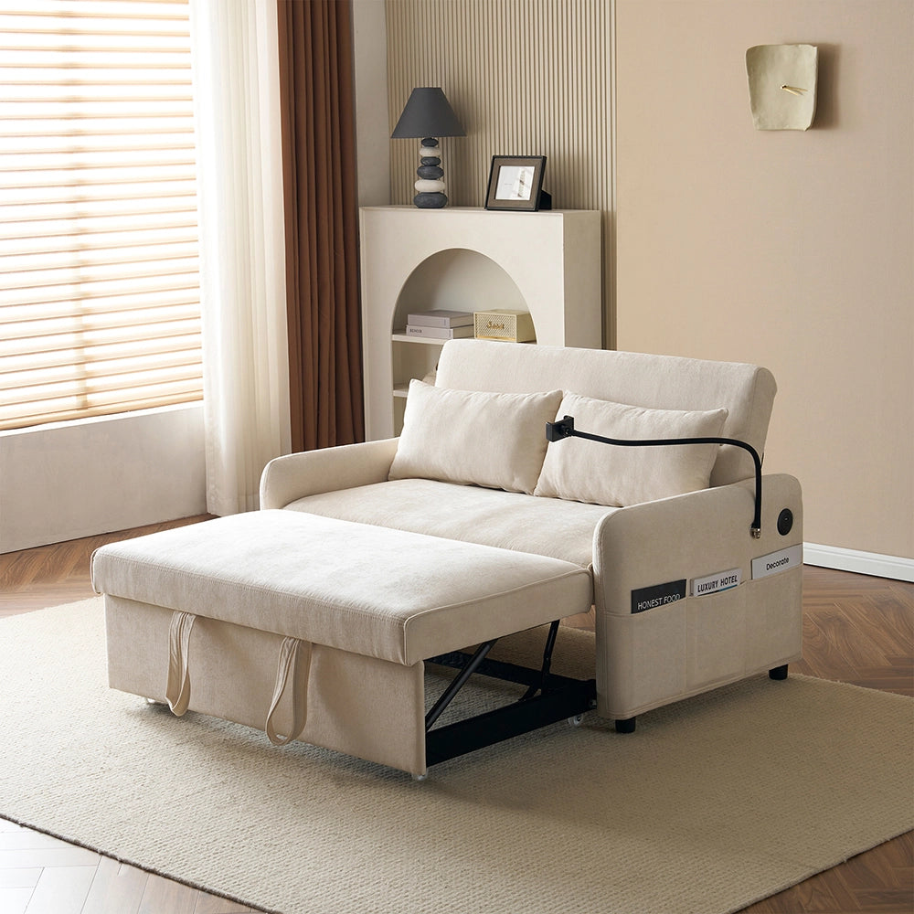 Divano letto 2 posti pieghevole - Xylo - Schienale regolabile supporto per cellulare porta di ricarica USB beige