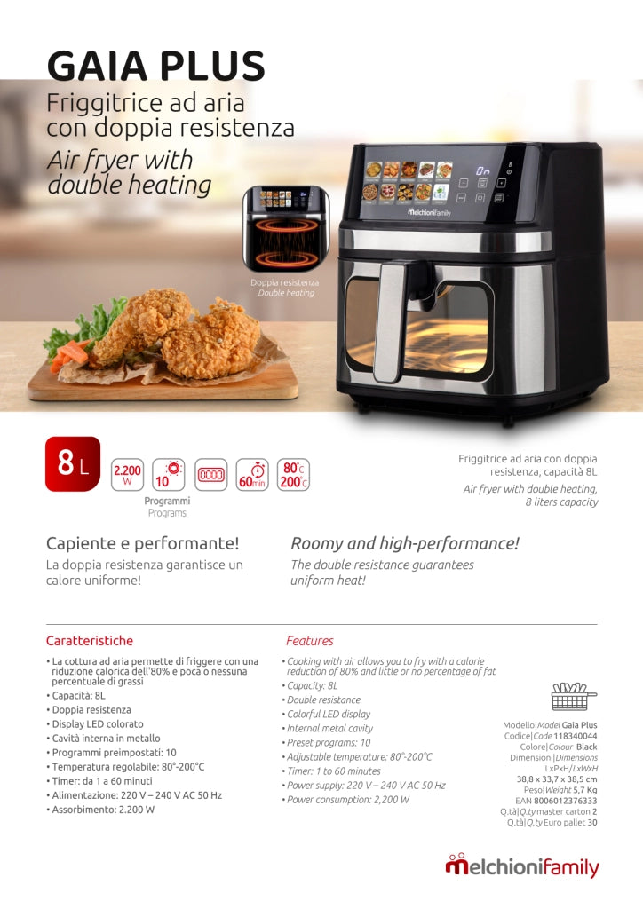 Melchioni Family Friggitrice ad aria GAIA PLUS8L doppia resistenza display digitale led a colori 10 programmi timer 2200W
