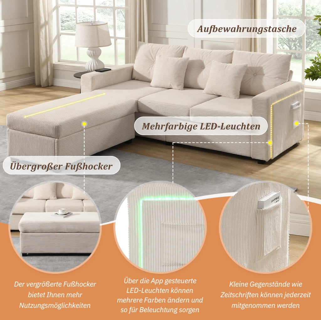 Divano angolare a L con pouf mobile e LED controllati da app; velluto a coste beige