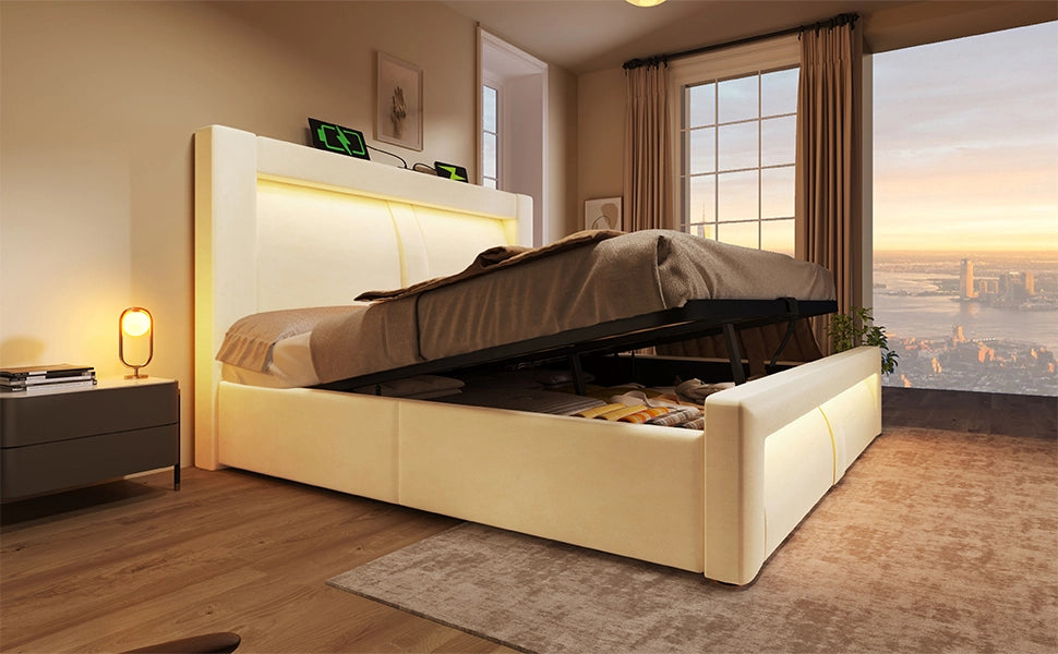 DESMIU Letto Contenitore Letto Matrimoniale con USB, Tipo C, LED Regolabile e Vano 160 × 200 cm, Senza Materasso