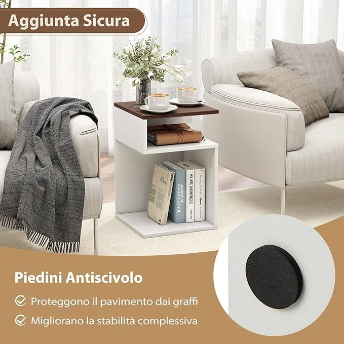 Tavolino Laterale da Salotto a Forma di S per Piccoli Spazi, Tavolino per Divano con 2 Scomparti Aperti, Comodino Moderno per Soggiorno, Camera da Letto e Studio, Bianco (1,Noce e Bianco)