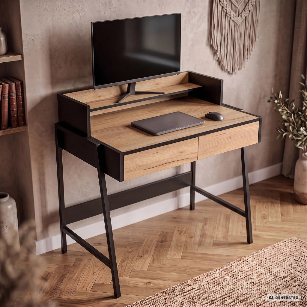 Scrivania industriale per computer Rovere Craft FLUX 78 cm 2 cassetti 1 ripiano gambe nere